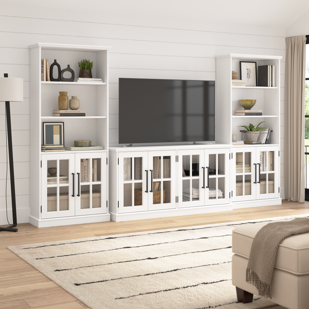 Shop Bush Furniture Westbrook 60W TV Stand for 75 Inch TV and Bookcases with Glass Doors, Image 02, WBK014WAS, #color_white ash