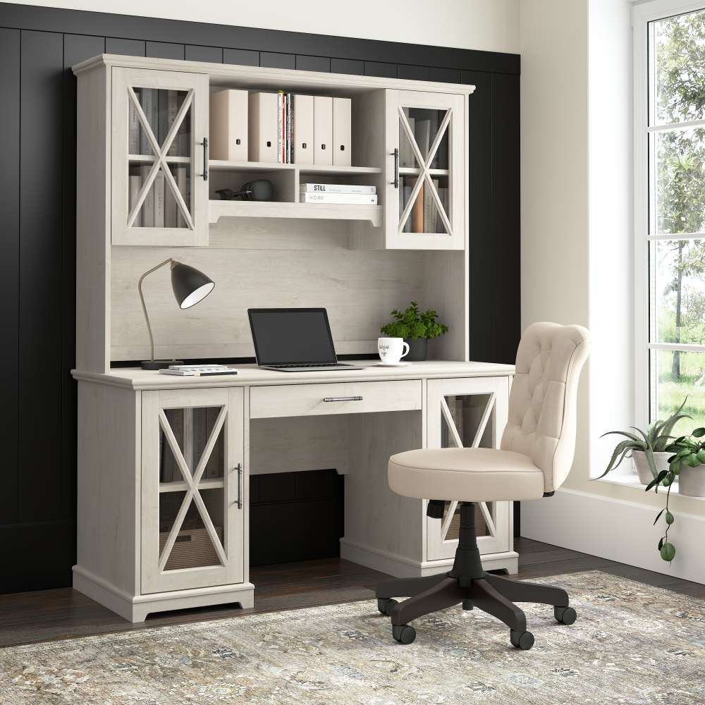 Shop Bush Furniture Lennox 60W Farmhouse Desk with Hutch and Keyboard Tray, Image 02, LEN004LW, #color_linen white oak