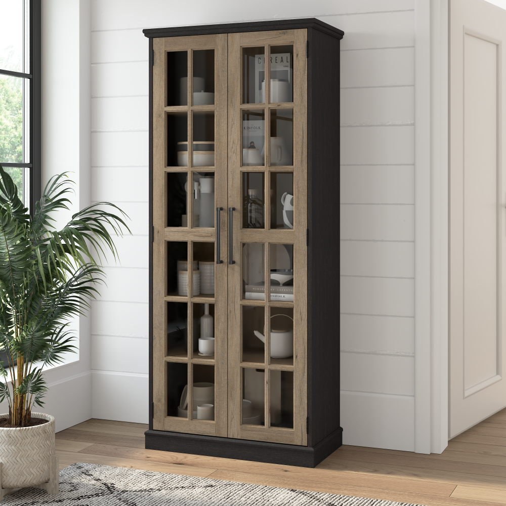 Shop Bush Furniture Westbrook Curio Cabinet with Glass Doors, Image 02, WBS232V2R-03K, #color_vintage black/restored tan hickory