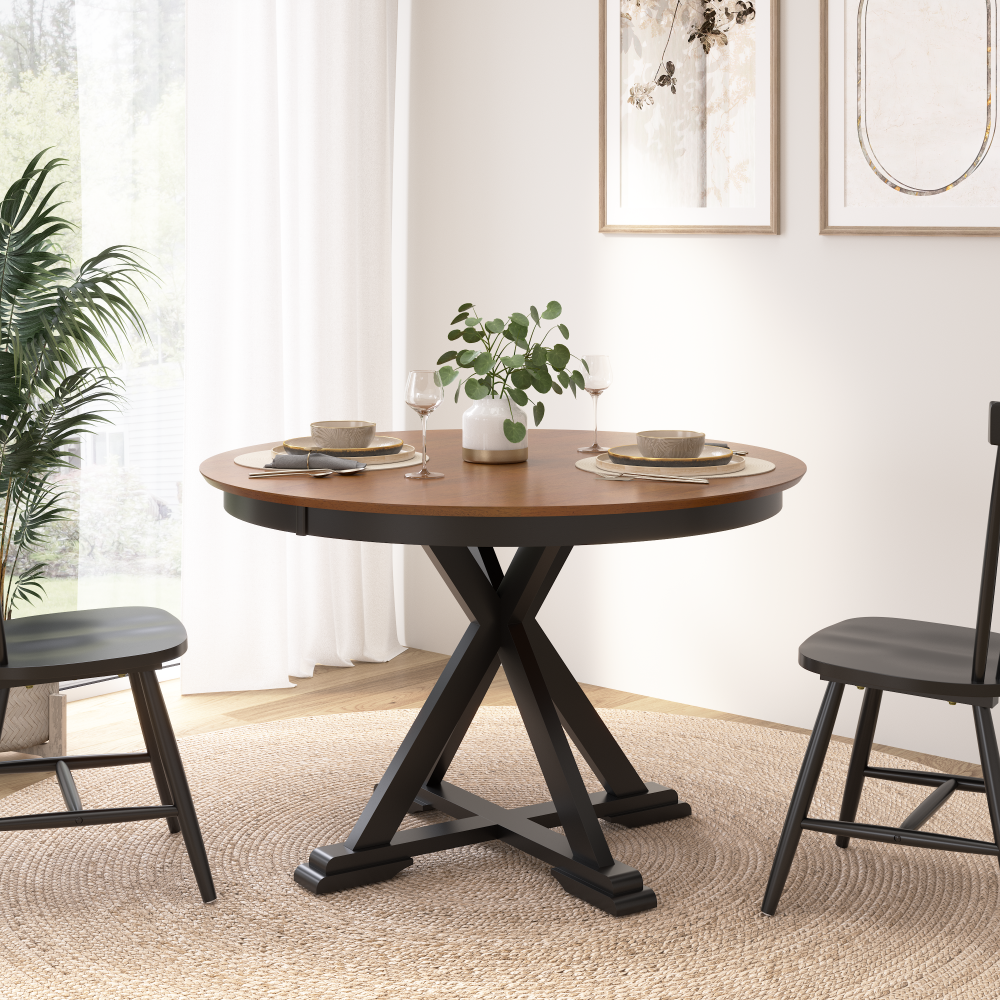 Shop Bush Furniture West End 45W Round Trestle Dining Table, Image 02, WET01BMB-03, #color_burnished medium brown/black paint