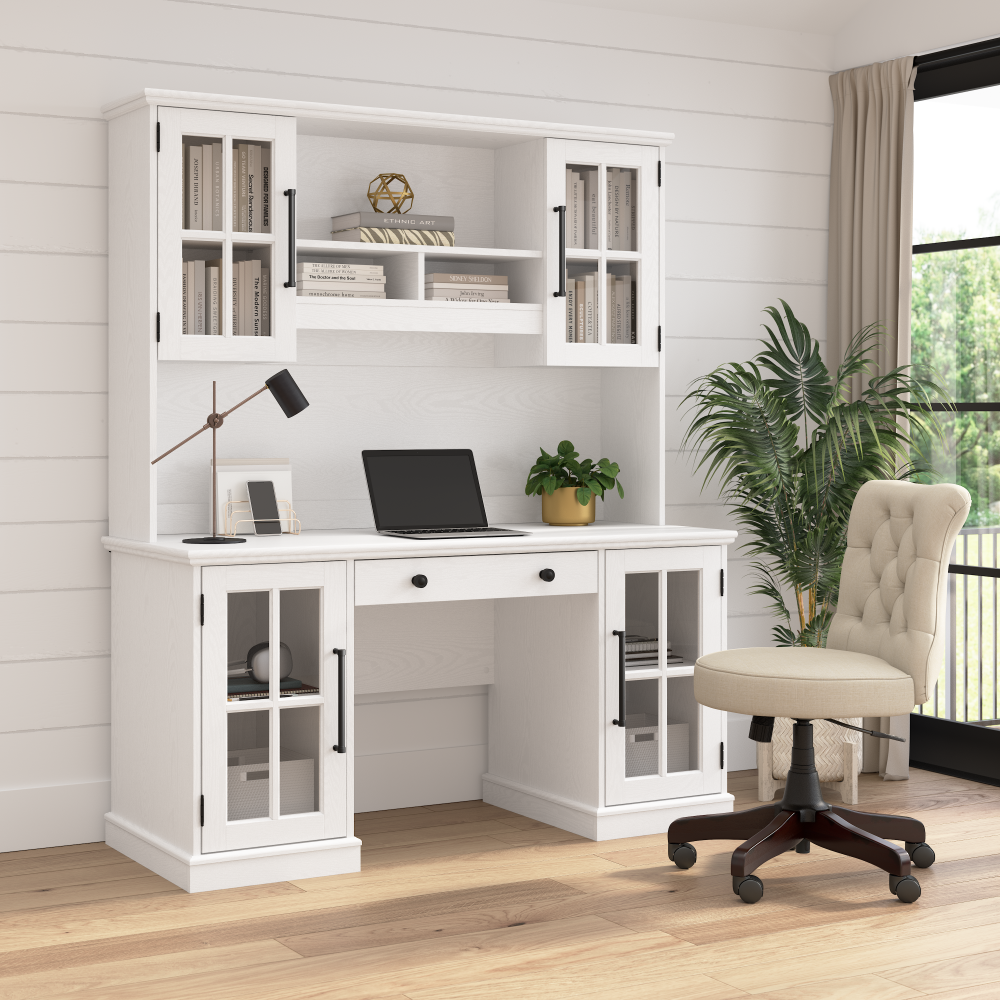 Shop Bush Furniture Westbrook 60W Computer Desk with Hutch and Storage, Image 02, WBK003WAS, #color_white ash