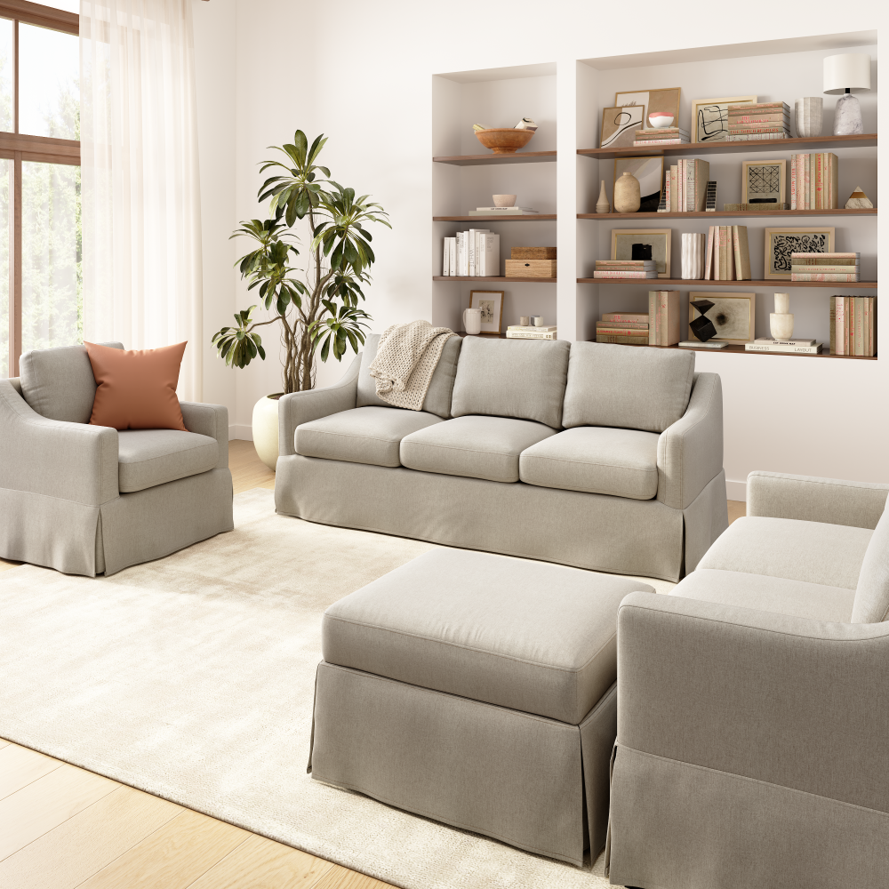 Shop Bush Home Harper 80W Sofa, 57W Loveseat, Swivel Accent Chair, and Storage Ottoman with Slipcovers, Image 02, HAR007SDB, #color_sand basketweave fabric