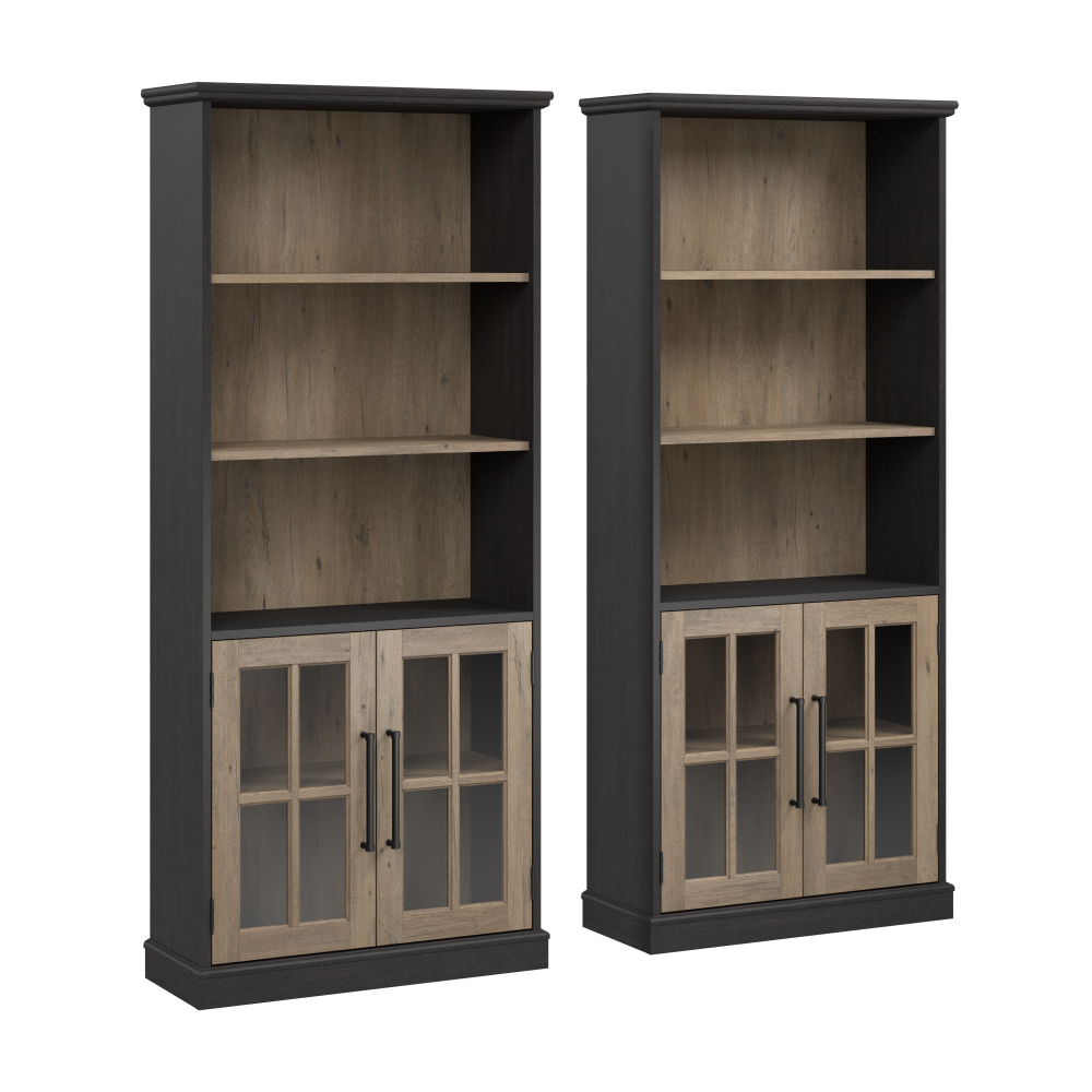 Shop Bush Furniture Westbrook 5 Shelf Bookcase with Glass Doors - Set of 2, Image 01, WBK001V2R, #color_vintage black/restored tan hickory
