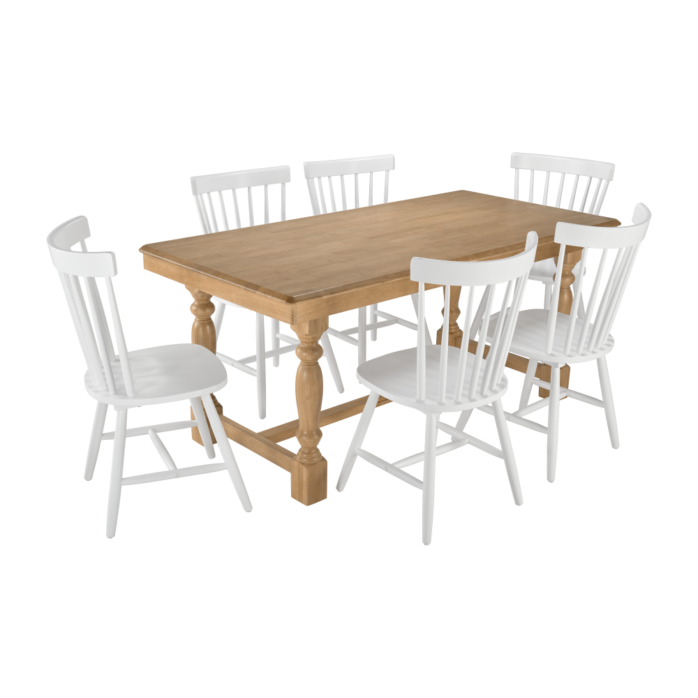 Shop Bush Furniture Sterling 67W Squire Trestle Dining Table with 6 High Back Spindle Dining Chairs, Image 01, STL003NHS, #color_natural honey brown/white paint