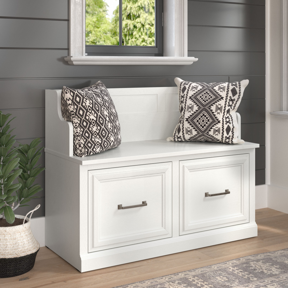 Shop Bush Furniture Woodland 40W Entryway Bench with Doors, Image 02, WDL005WAS, #color_white ash