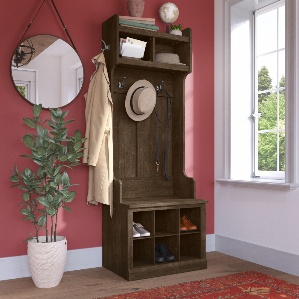Shop Bush Furniture Woodland 24W Hall Tree and Small Shoe Bench with Shelves, Image 02, WDL008ABR, #color_ash brown