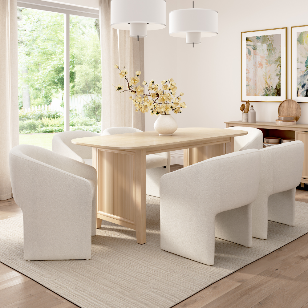 Shop Bush Home Camille Fluted Base 71W Dining Table with 6 Upholstered Barrel Dining Chairs, Image 02, CML012NB, #color_natural birch/light cream fabric