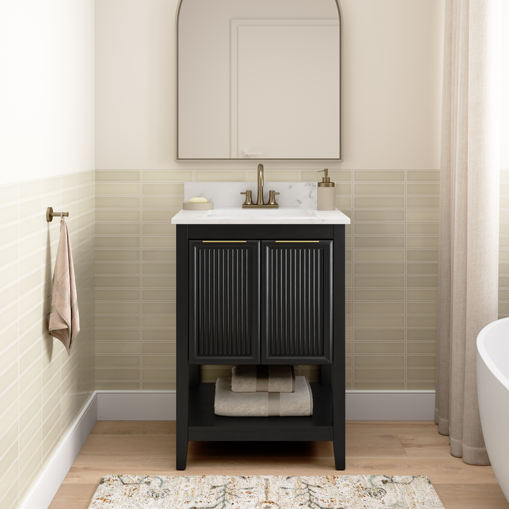 Shop Bush Home Camille 24W Fluted Vanity with Faux Marble Basin, Image 02, CMVN24OB-03, #color_onyx birch/white marble