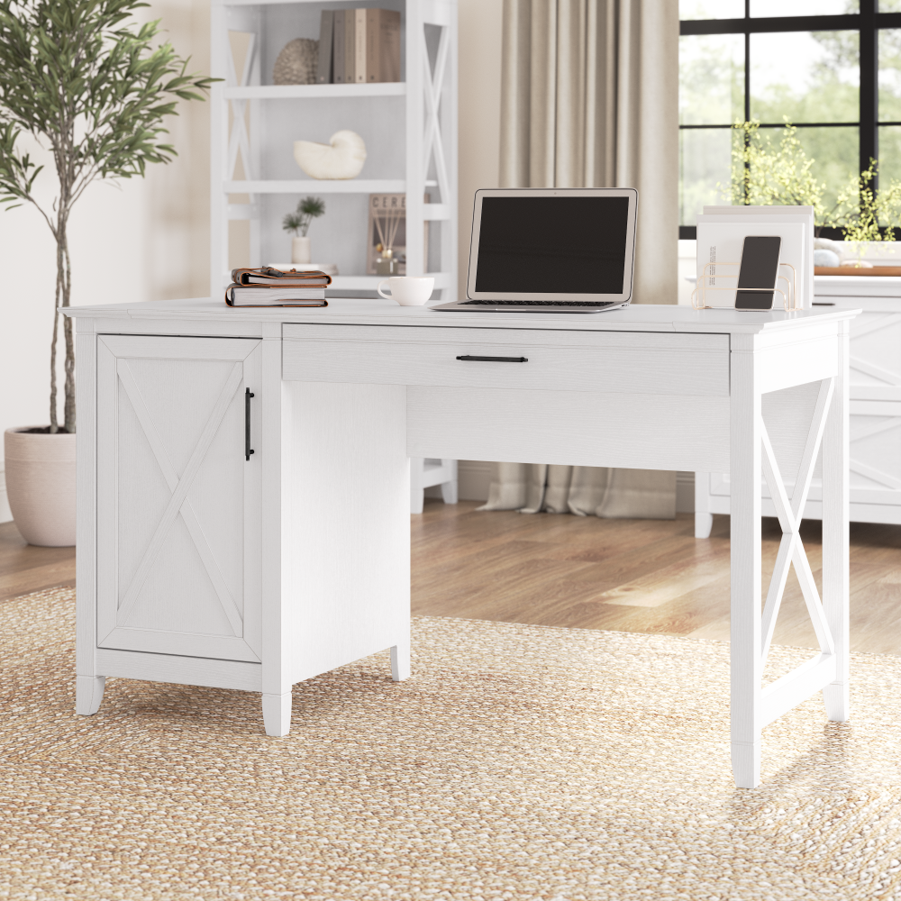 Shop Bush Furniture Key West 54W Computer Desk with Keyboard Tray and Storage, Image 02, KWD154WT-03, #color_pure white oak