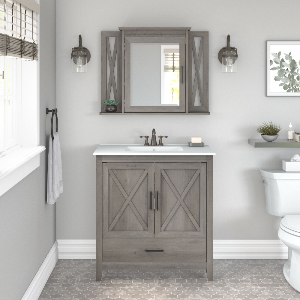 Shop Bush Furniture Key West 32W Bathroom Vanity Sink with Mirror, Image 02, KWS030DG, #color_driftwood gray