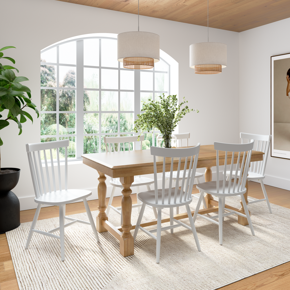 Shop Bush Furniture Sterling 67W Squire Trestle Dining Table with 6 High Back Spindle Dining Chairs, Image 02, STL003NHS, #color_natural honey brown/white paint