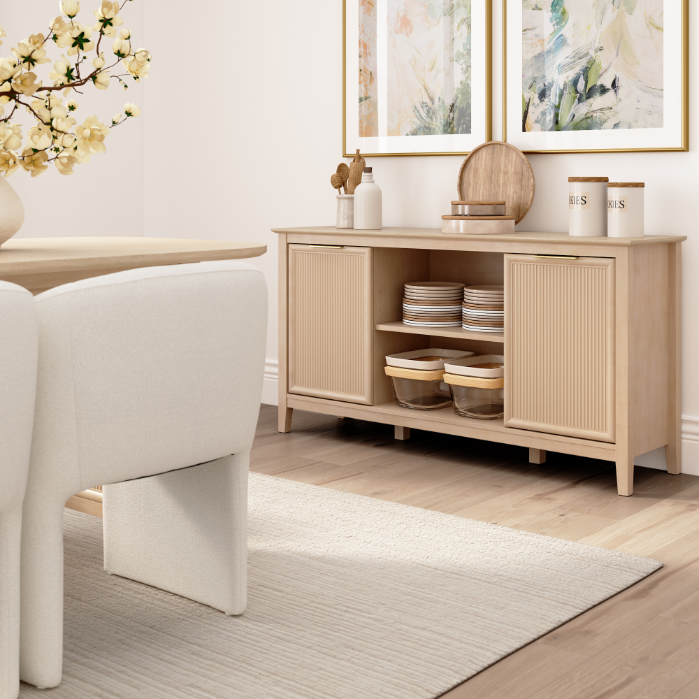 Shop Bush Home Camille Fluted Base 71W Dining Table with 6 Upholstered Barrel Dining Chairs, Image 03, CML012NB, #color_natural birch/light cream fabric
