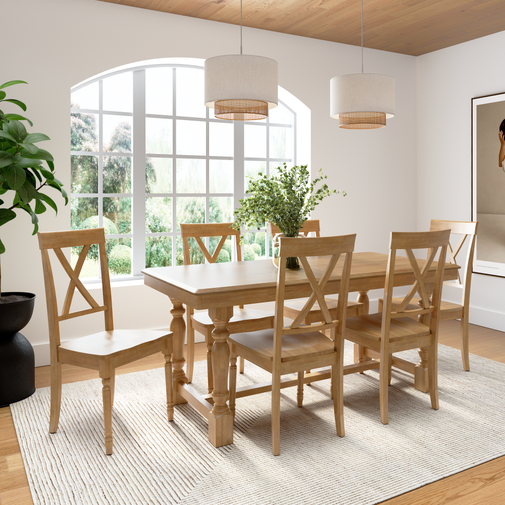 Shop Bush Furniture Sterling 67W Squire Trestle Dining Table with 6 Cross Back Dining Chairs, Image 02, STL001NHS, #color_natural honey brown