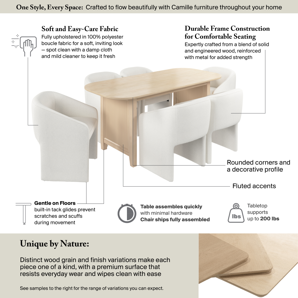 Shop Bush Home Camille Fluted Base 71W Dining Table with 6 Upholstered Barrel Dining Chairs, Image 06, CML012NB, #color_natural birch/light cream fabric