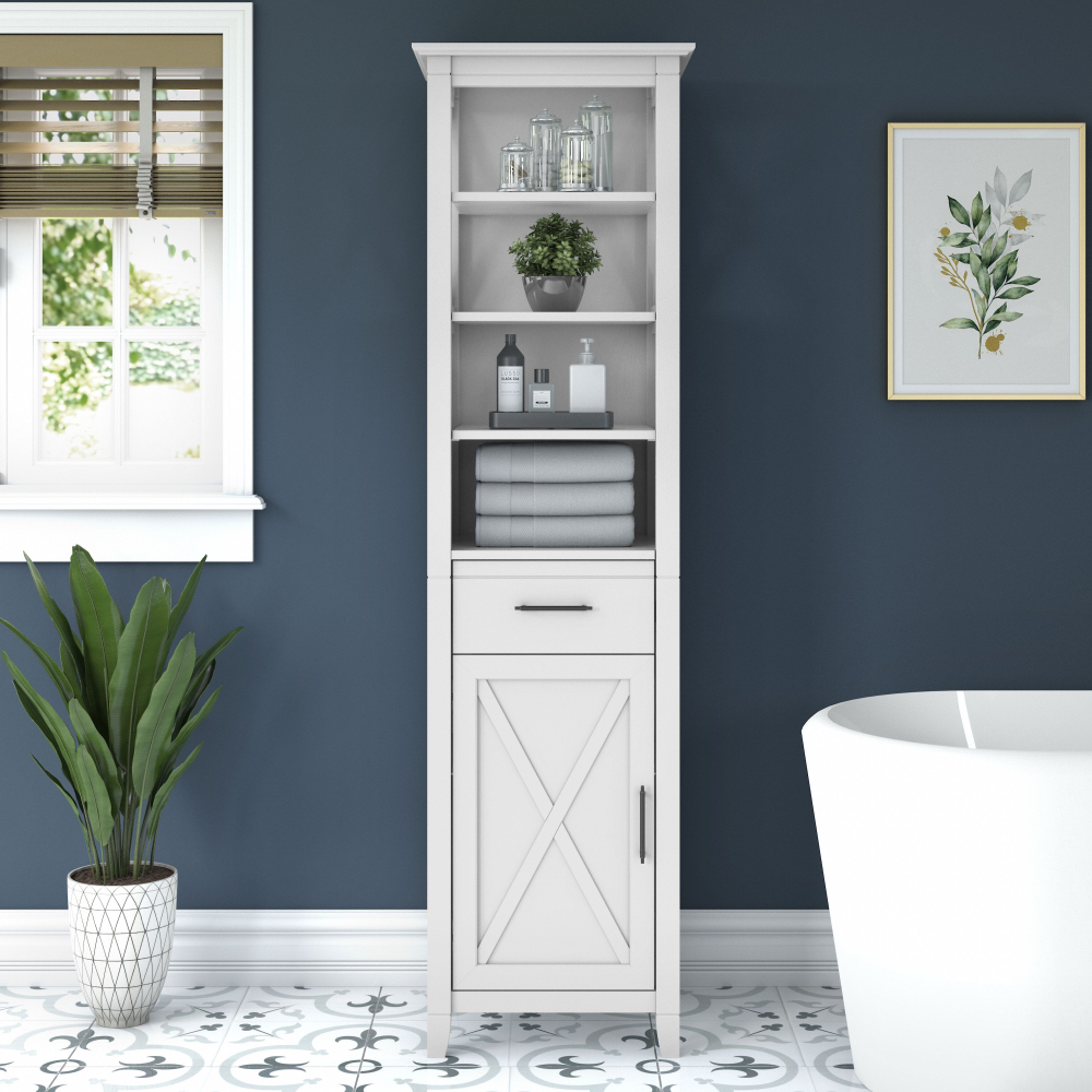 Shop Bush Furniture Key West Tall Narrow Bookcase Cabinet, Image 02, KWS168WAS-Z, #color_white ash