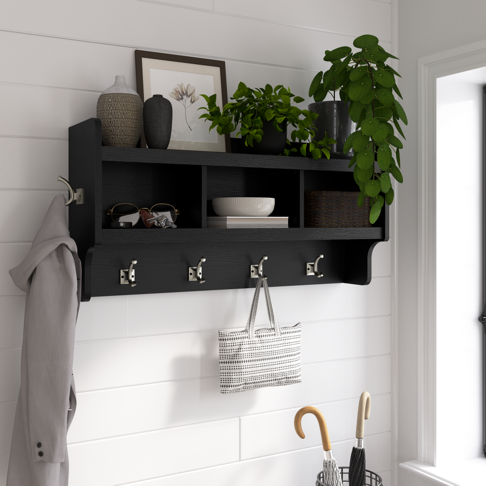 Shop Bush Furniture Woodland 40W Wall Mounted Coat Rack with Shelf, Image 02, WDH340BS-03, #color_black suede oak
