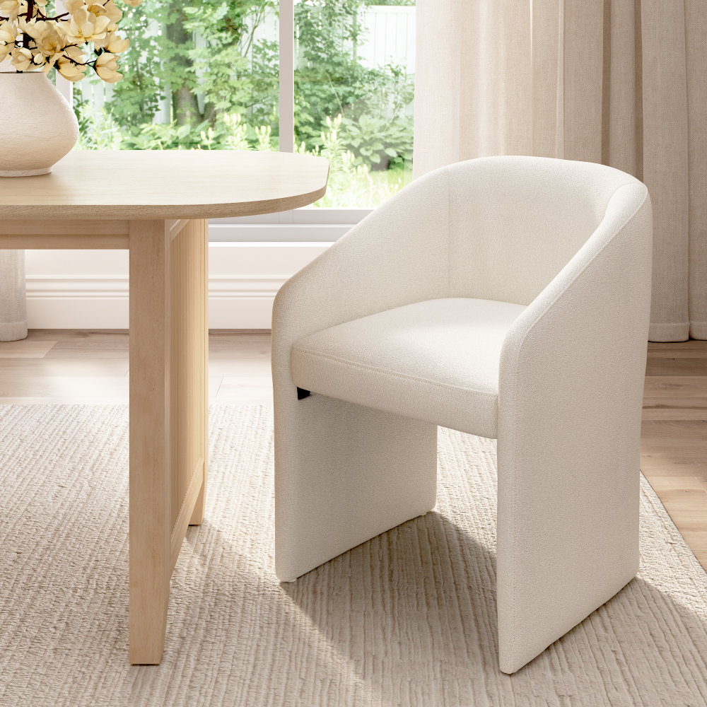 Shop Bush Home Camille Fluted Base 71W Dining Table with 6 Upholstered Barrel Dining Chairs, Image 04, CML012NB, #color_natural birch/light cream fabric