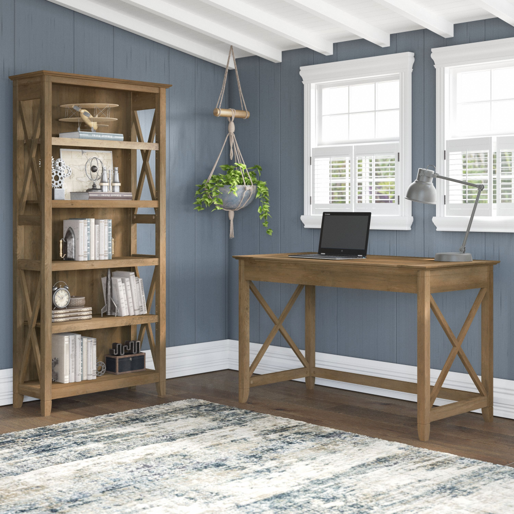 Shop Bush Furniture Key West 48W Writing Desk with 2 Drawer Lateral File Cabinet and 5 Shelf Bookcase, Image 02, KWS004RCP, #color_reclaimed pine