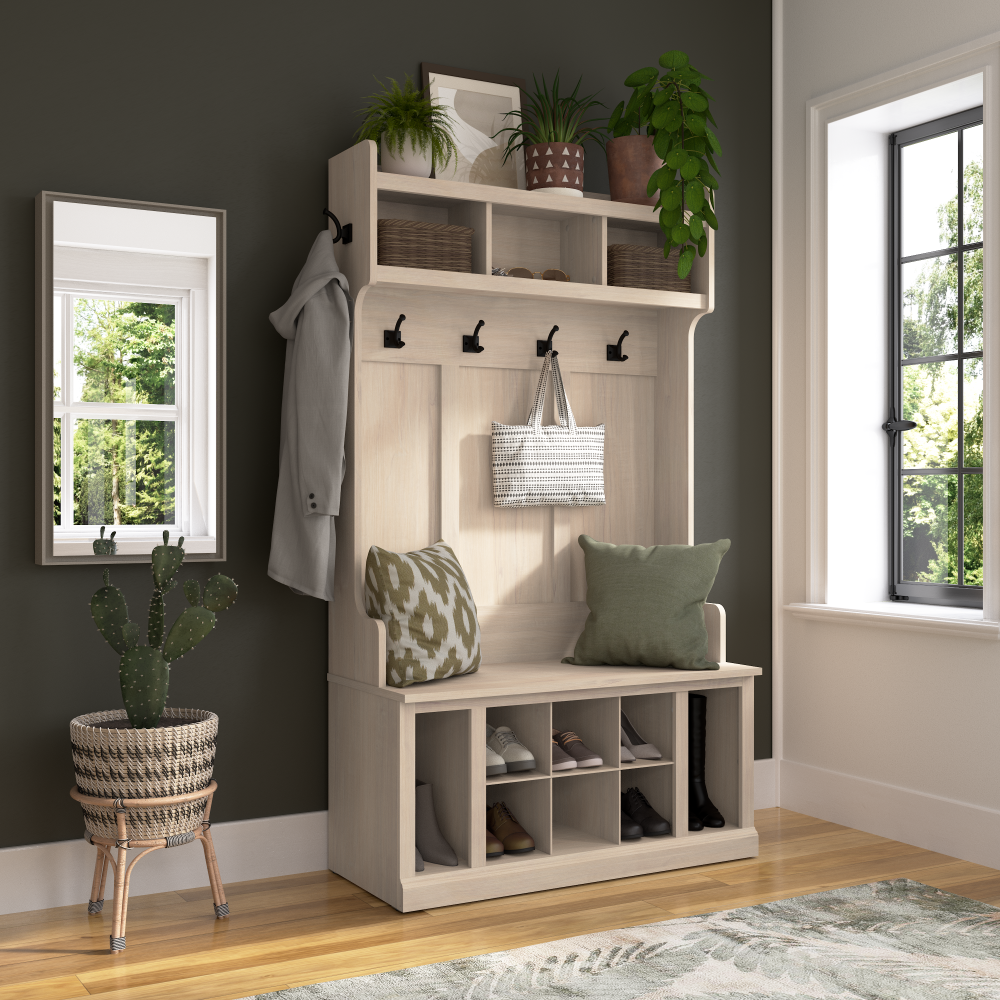 Shop Bush Furniture Woodland 40W Hall Tree and Shoe Storage Bench with Shelves, Image 02, WDL002WM, #color_white washed maple