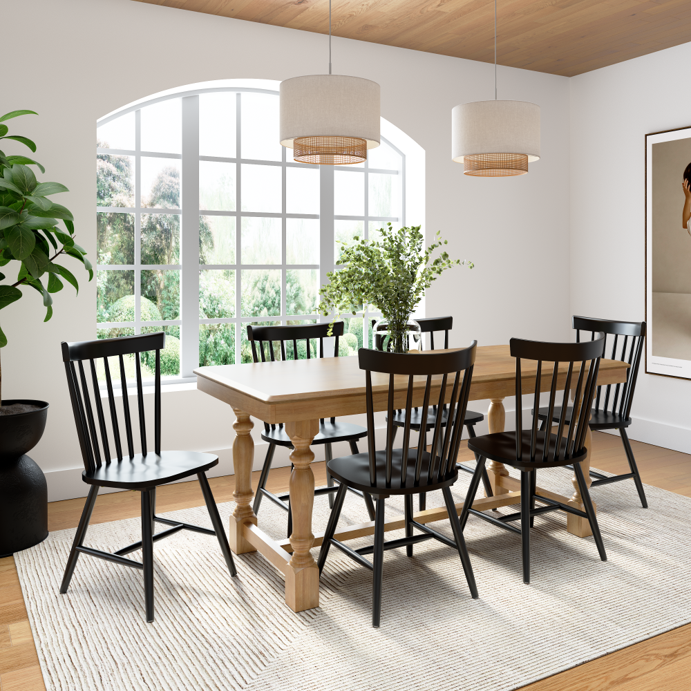 Shop Bush Furniture Sterling 67W Squire Trestle Dining Table with 6 High Back Spindle Dining Chairs, Image 02, STL002NHS, #color_natural honey brown/black paint