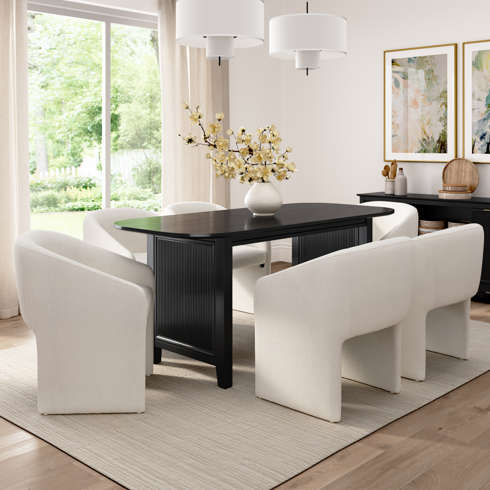 Shop Bush Home Camille Fluted Base 71W Dining Table with 6 Upholstered Barrel Dining Chairs, Image 02, CML012OB, #color_onyx birch/light cream fabric