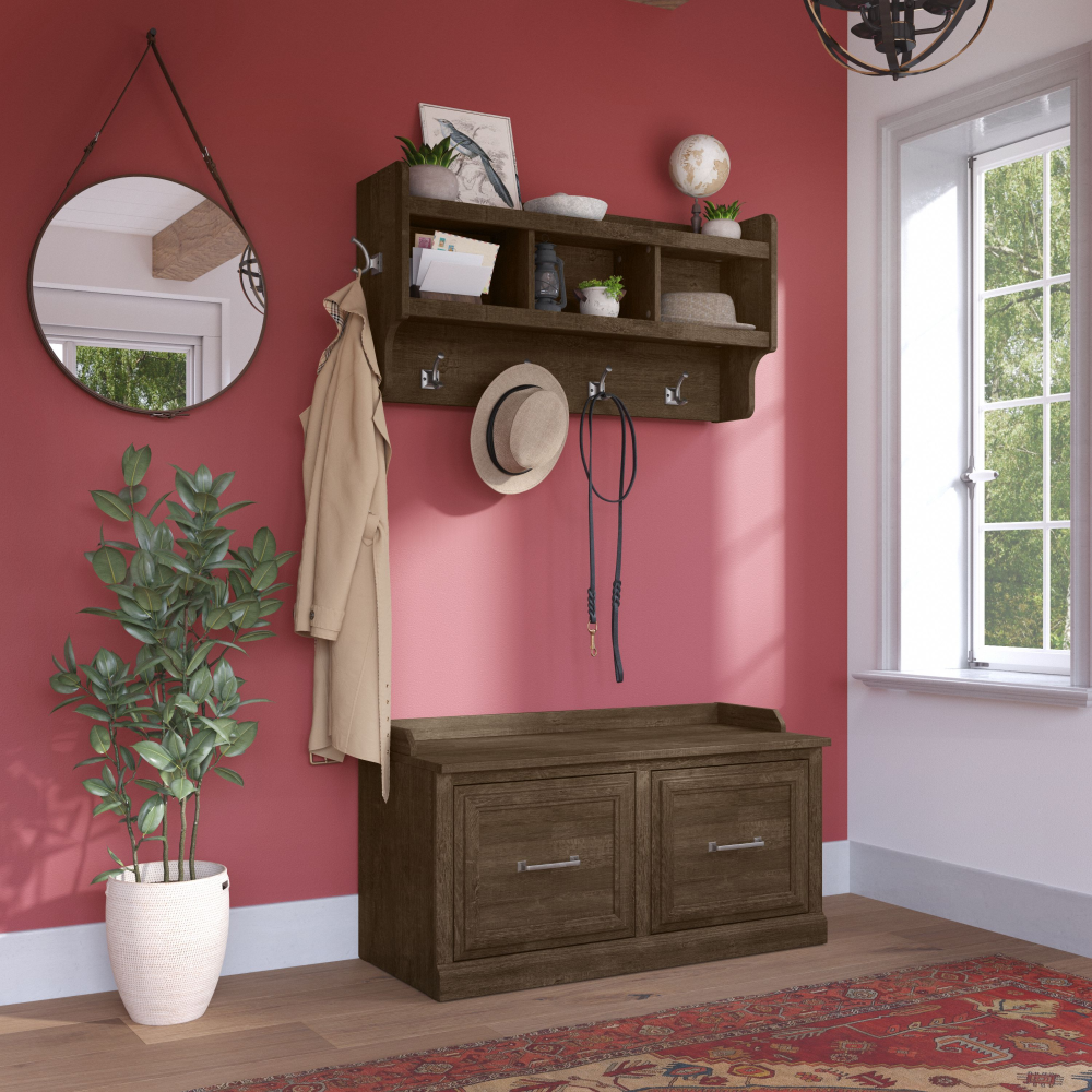 Shop Bush Furniture Woodland 40W Shoe Storage Bench with Doors and Wall Mounted Coat Rack, Image 02, WDL003ABR, #color_ash brown