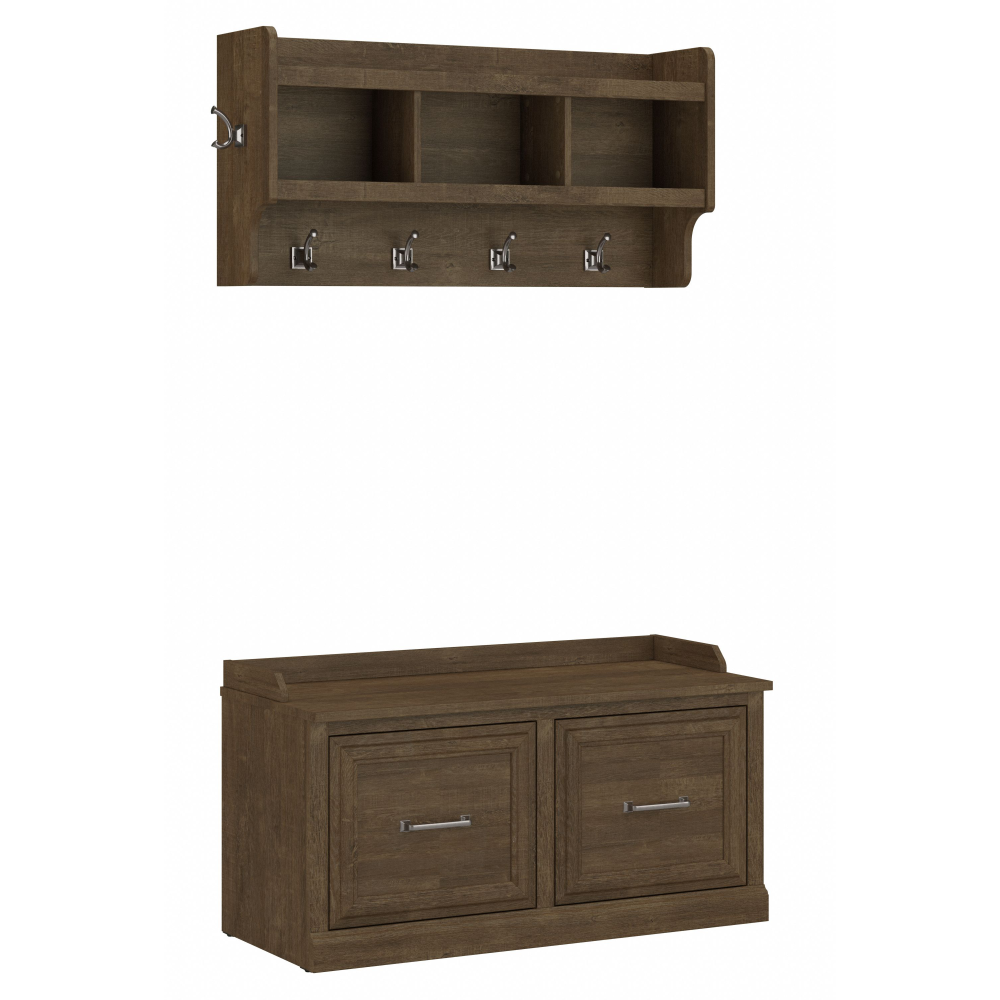 Shop Bush Furniture Woodland 40W Shoe Storage Bench with Doors and Wall Mounted Coat Rack, Image 01, WDL003ABR, #color_ash brown
