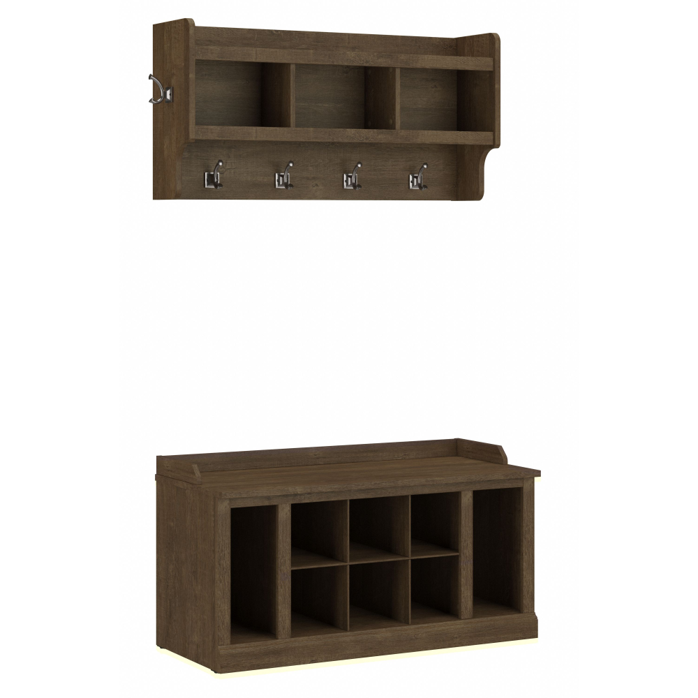Shop Bush Furniture Woodland 40W Shoe Storage Bench with Shelves and Wall Mounted Coat Rack, Image 01, WDL004ABR, #color_ash brown
