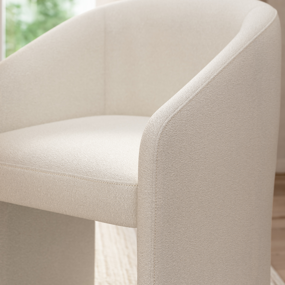 Shop Bush Home Camille Fluted Base 71W Dining Table with 6 Upholstered Barrel Dining Chairs, Image 04, CML012OB, #color_onyx birch/light cream fabric