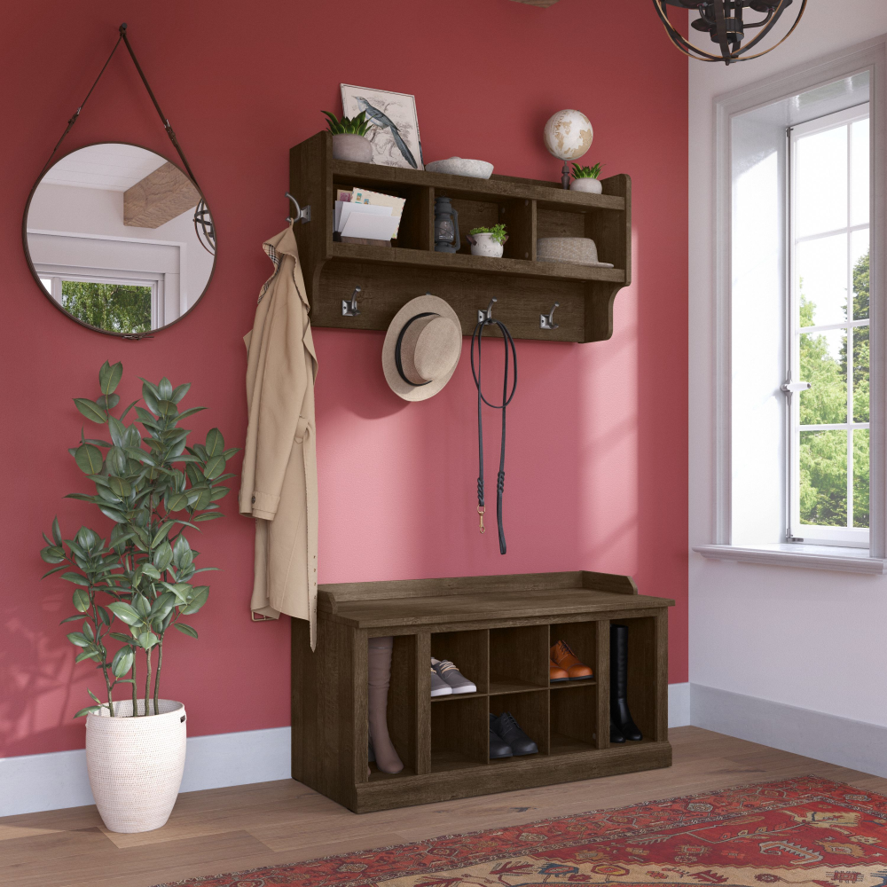 Shop Bush Furniture Woodland 40W Shoe Storage Bench with Shelves and Wall Mounted Coat Rack, Image 02, WDL004ABR, #color_ash brown