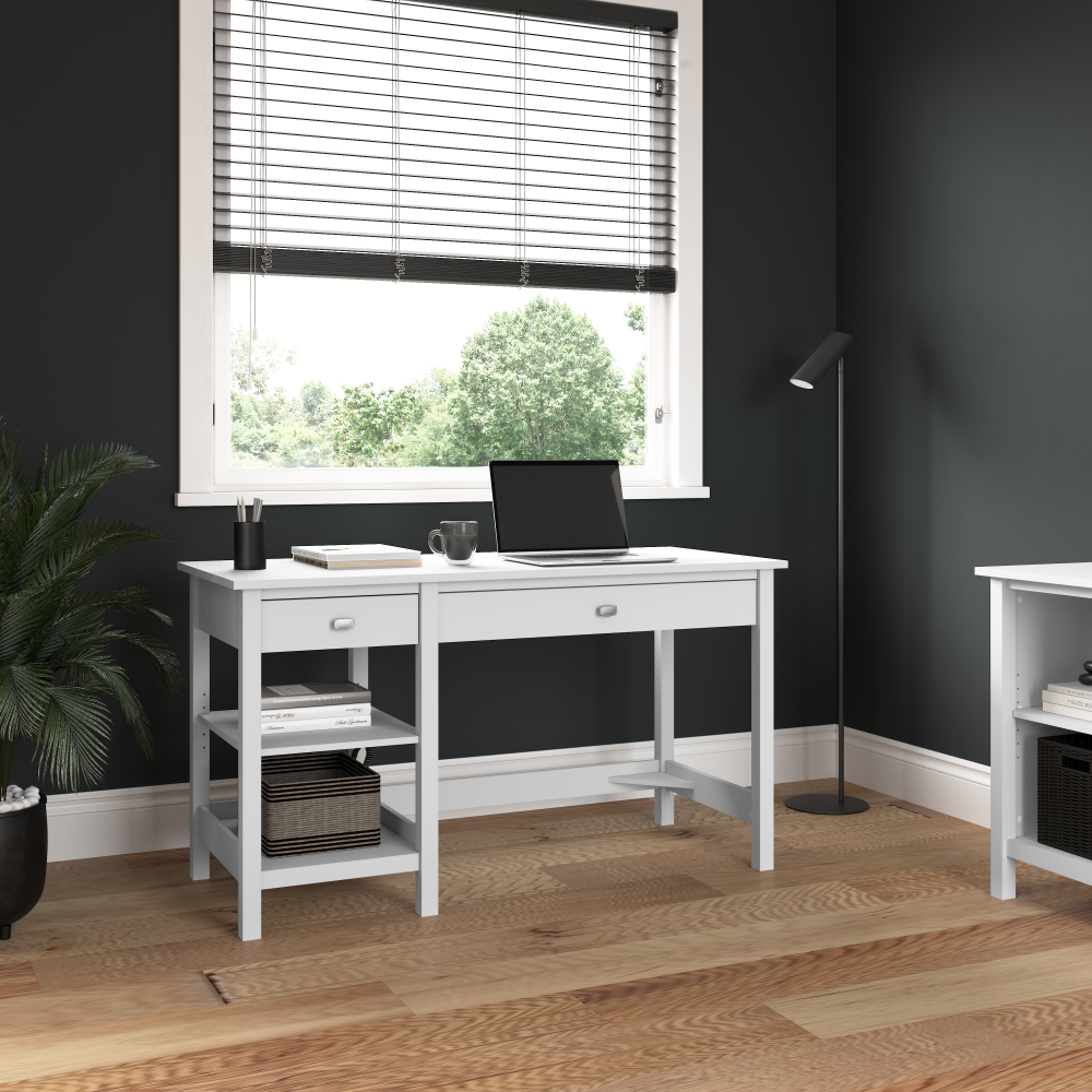 Shop Bush Furniture Broadview 54W Computer Desk with Shelves, Image 02, BDD154WH-03, #color_pure white