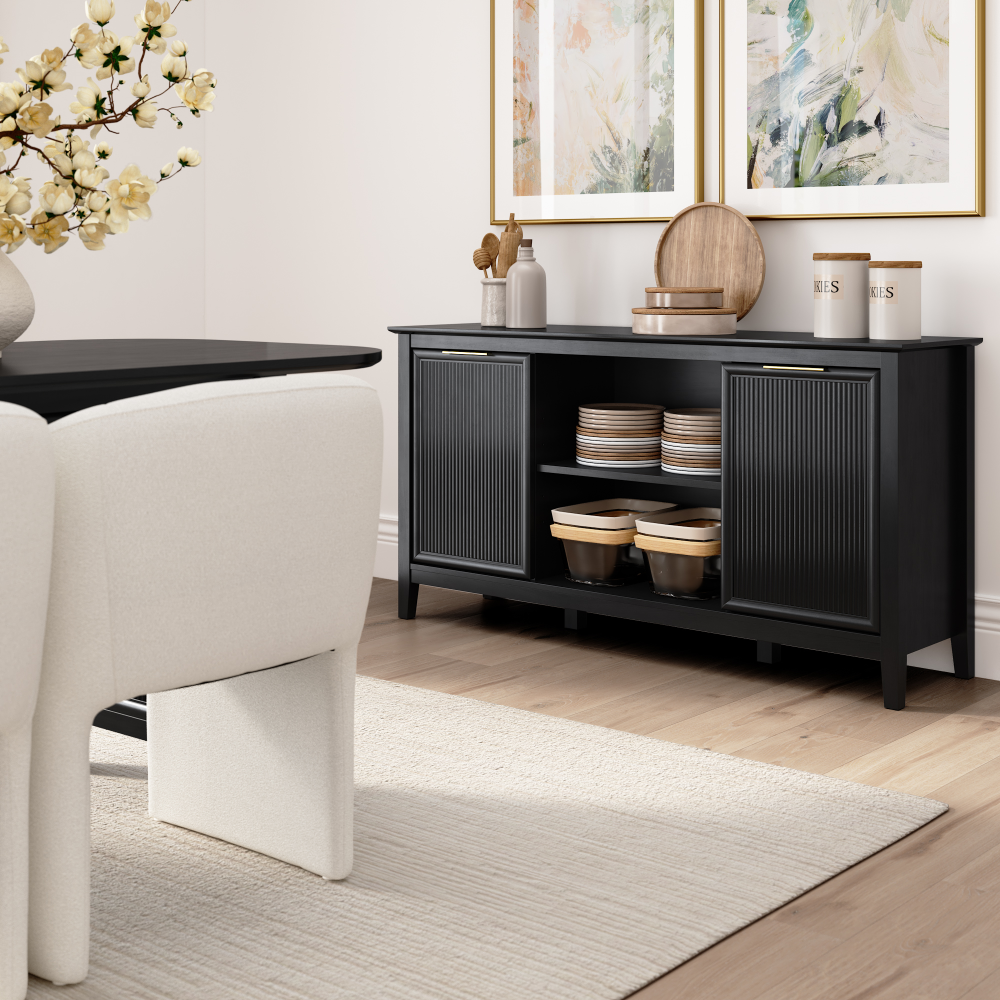 Shop Bush Home Camille Fluted Base 71W Dining Table with 6 Upholstered Barrel Dining Chairs, Image 03, CML012OB, #color_onyx birch/light cream fabric