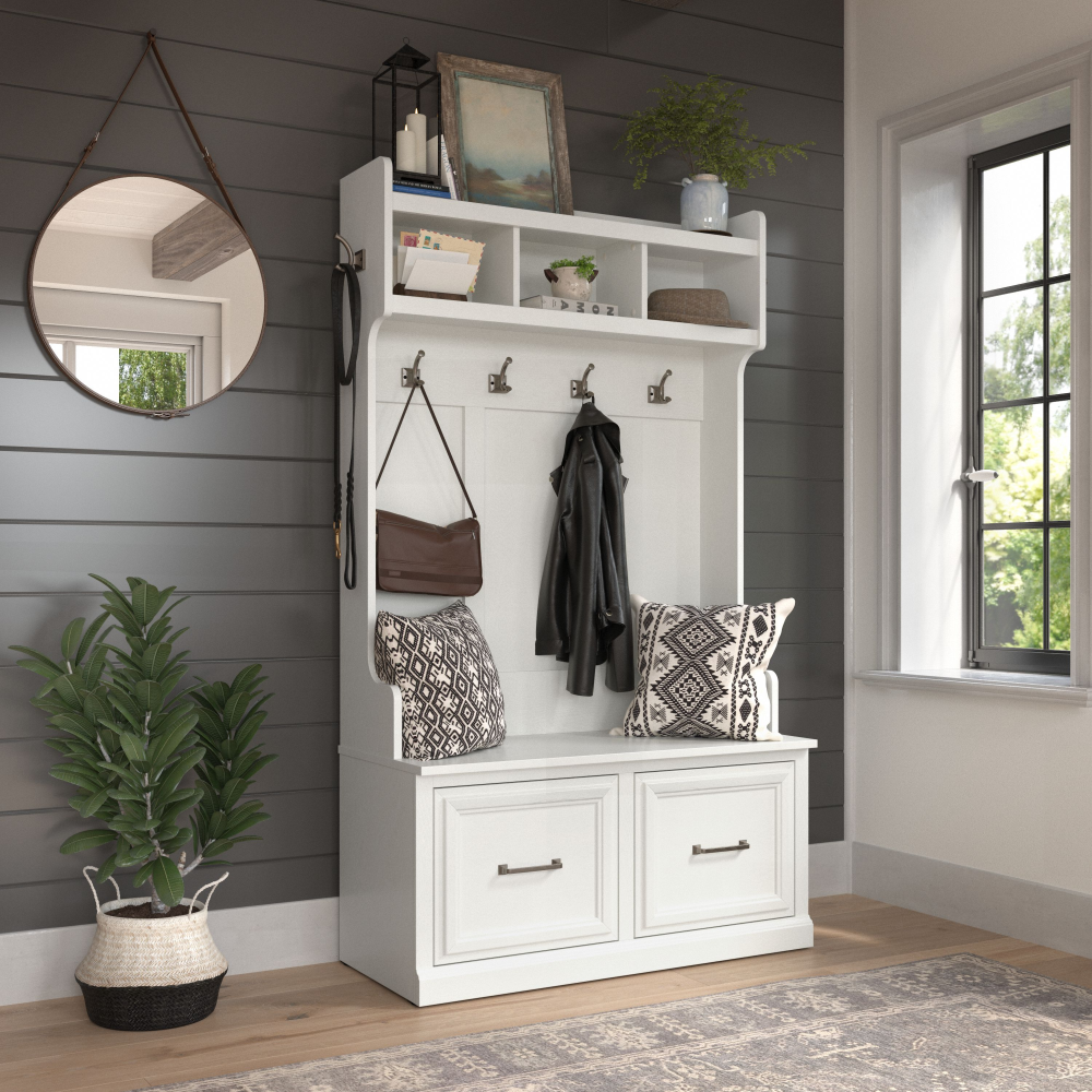 Shop Bush Furniture Woodland 40W Hall Tree and Shoe Storage Bench with Doors, Image 02, WDL001WAS, #color_white ash
