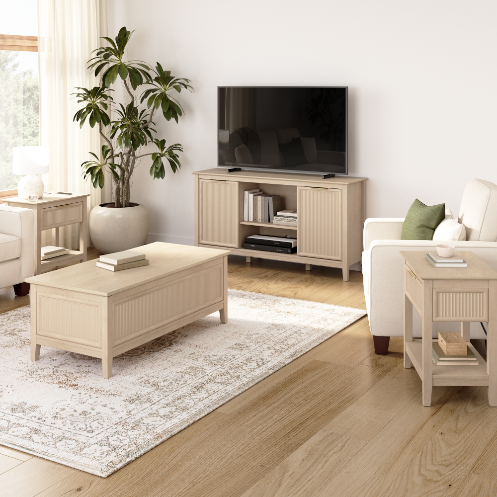 Shop Bush Home Camille Fluted TV Stand, Lift Top Coffee Table, and 2 End Tables Set, Image 02, CML005NB, #color_natural birch