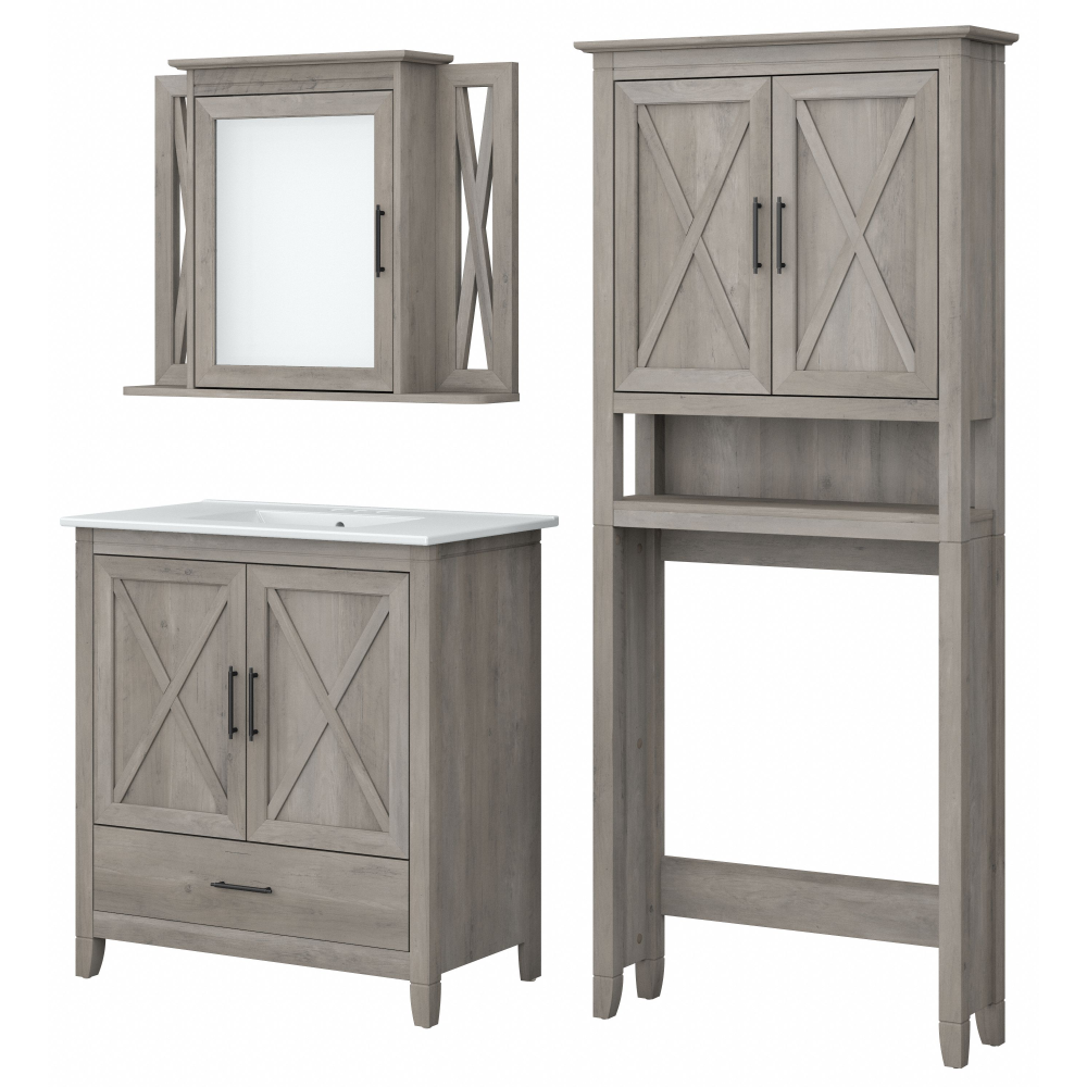Shop Bush Furniture Key West 32W Bathroom Vanity Sink with Mirror and Over The Toilet Storage Cabinet, Image 01, KWS032DG, #color_driftwood gray