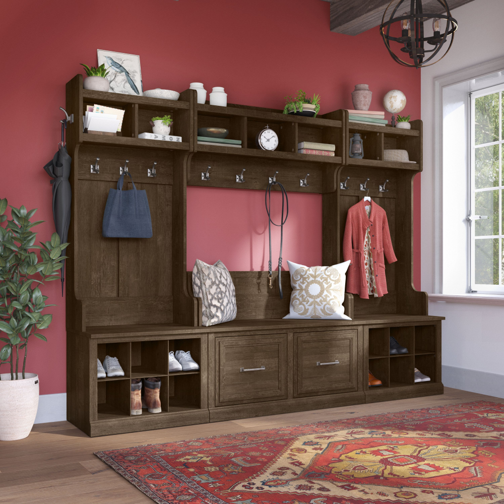 Shop Bush Furniture Woodland Full Entryway Storage Set with Coat Rack and Shoe Bench with Doors, Image 02, WDL013ABR, #color_ash brown