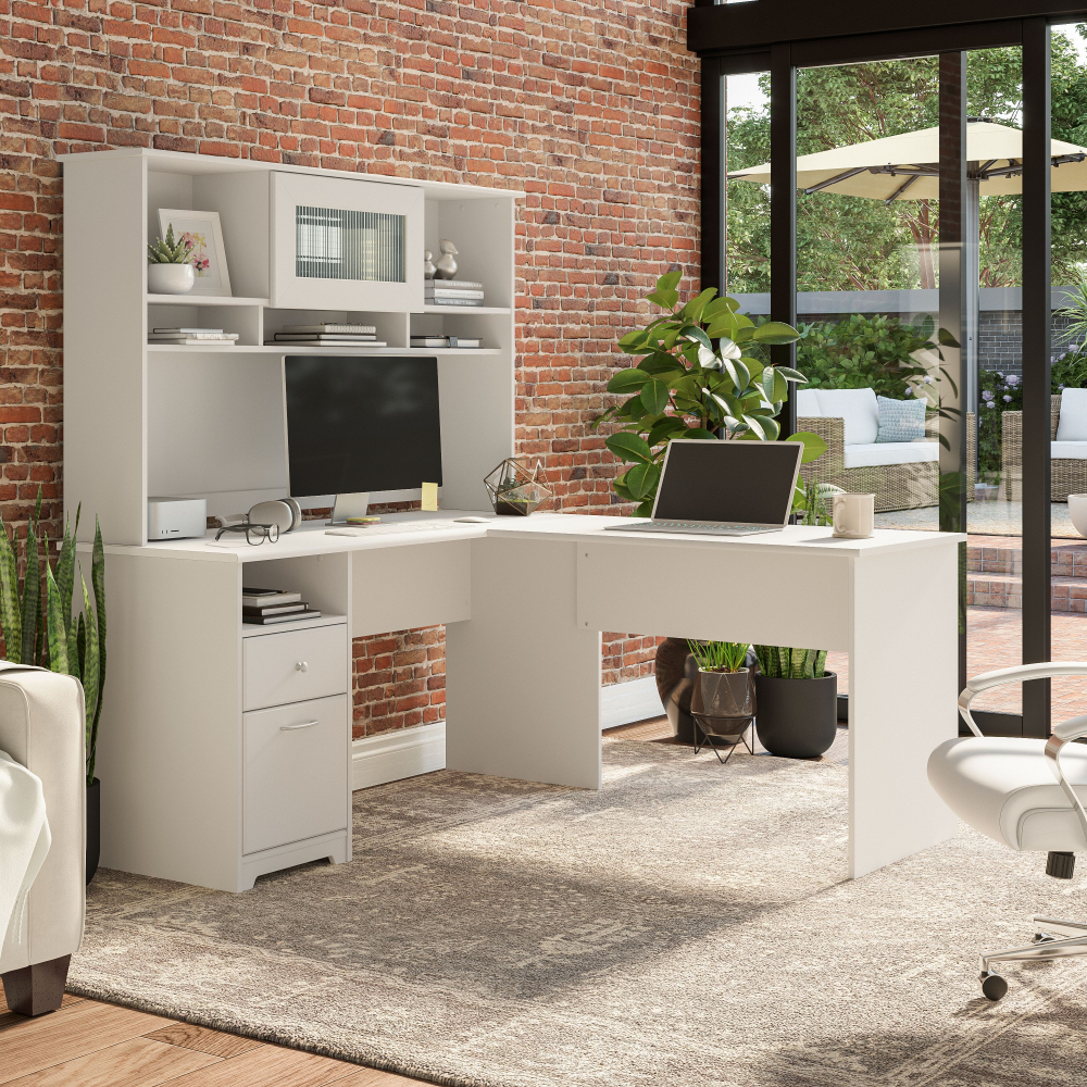 Shop Bush Furniture Cabot 60W L Shaped Computer Desk with Hutch and Drawers, Image 02, CAB046WHN, #color_white