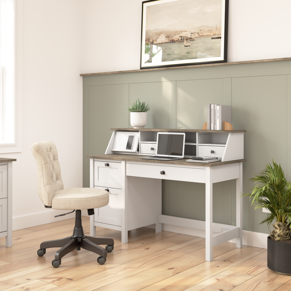 Shop Bush Furniture Mayfield 54W Computer Desk with Drawers and Desktop Organizer, Image 02, MAY003GW2, #color_shiplap gray/pure white