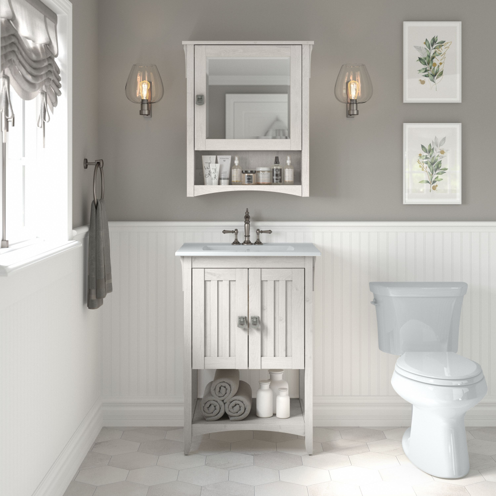 Shop Bush Furniture Salinas 24W Bathroom Vanity Sink and Medicine Cabinet with Mirror, Image 02, SAL018LW, #color_linen white oak