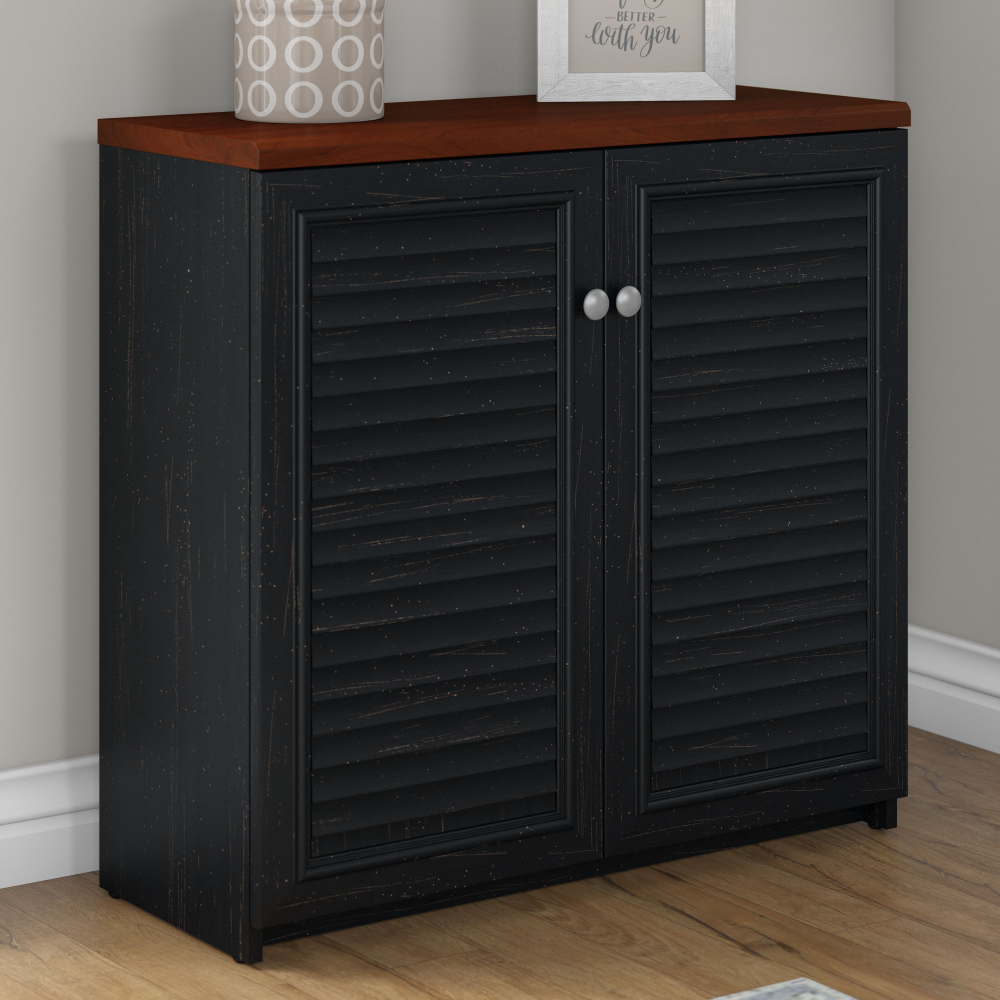 Shop Bush Furniture Fairview Small Storage Cabinet with Doors and Shelves, Image 02, WC53996-03, #color_antique black/hansen cherry