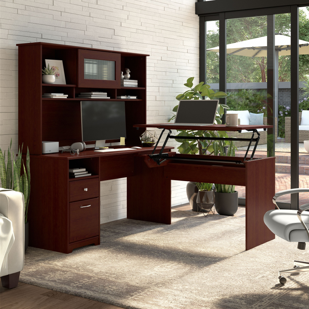 Shop Bush Furniture Cabot 60W 3 Position Sit to Stand L Shaped Desk with Hutch, Image 02, CAB045HVC, #color_harvest cherry