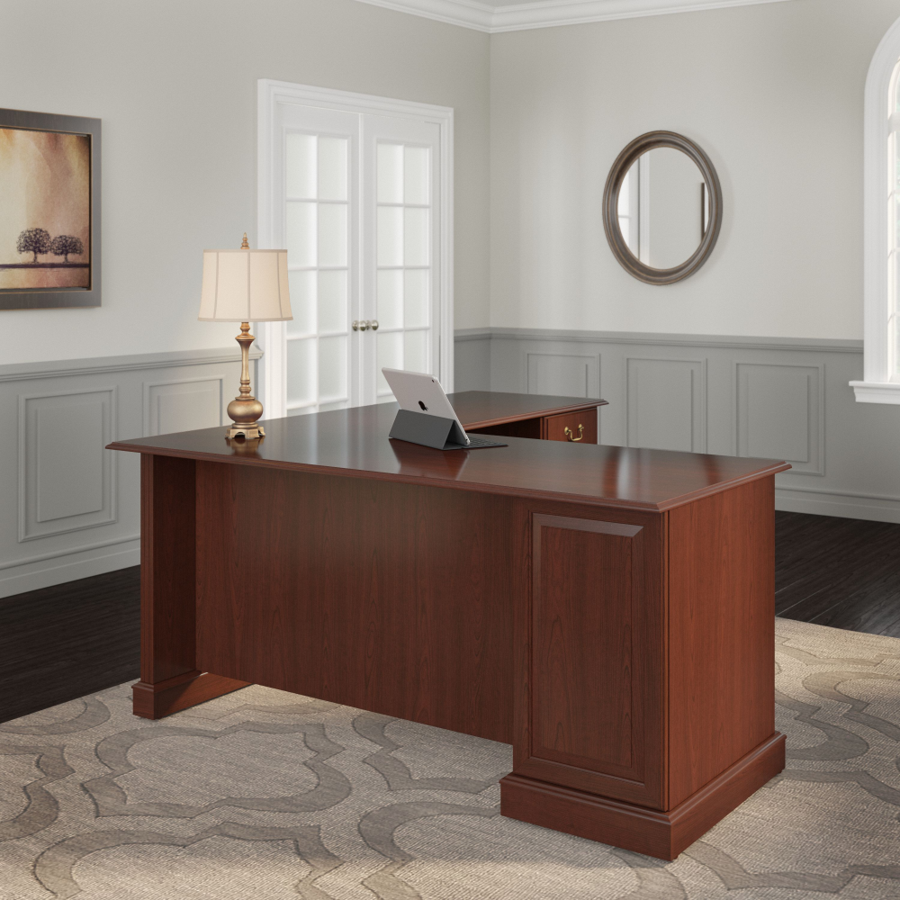 Shop Bush Furniture Saratoga L Shaped Computer Desk with Drawers, Image 01, EX45670-03K, #color_harvest cherry