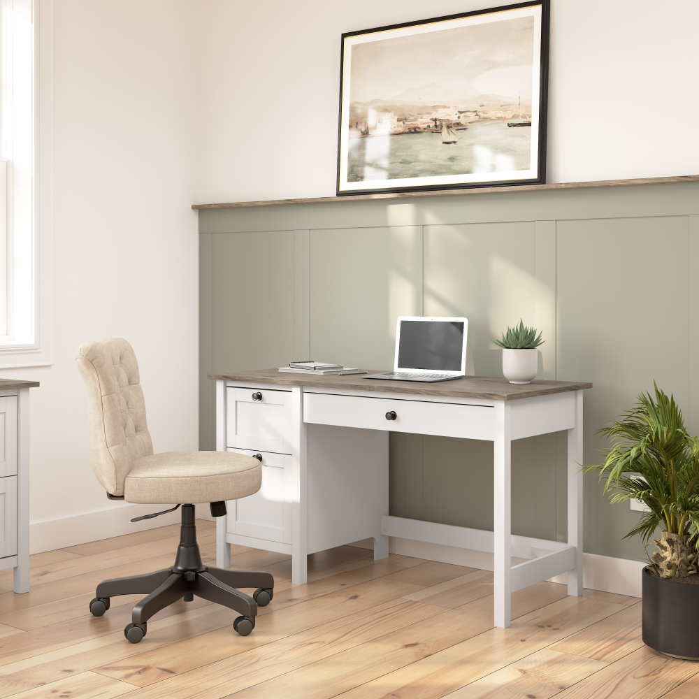 Shop Bush Furniture Mayfield 54W Computer Desk with Drawers, Image 02, MAD254GW2-03, #color_shiplap gray/pure white