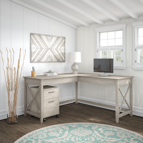 Shop Bush Furniture Key West 60W L Shaped Desk with 2 Drawer Mobile File Cabinet, Image 01, KWS013WG, #color_washed gray