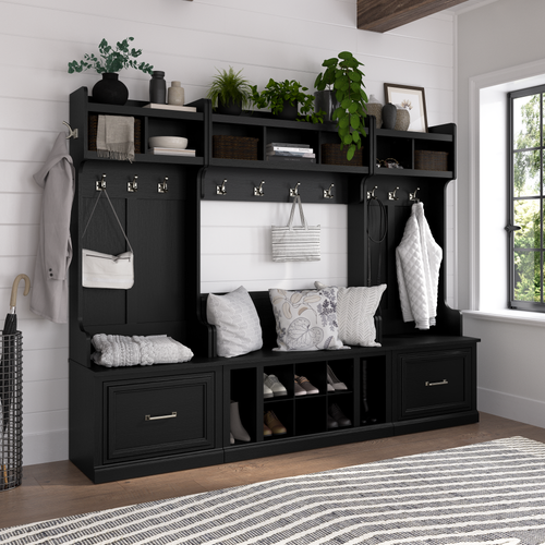 Shop Bush Furniture Woodland Full Entryway Storage Set with Coat Rack and Shoe Bench with Drawers, Image 01, WDL014BS, #color_black suede oak
