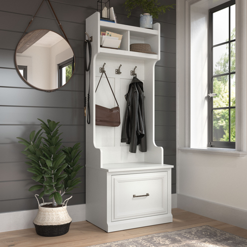 Shop Bush Furniture Woodland 24W Hall Tree and Small Shoe Bench with Drawer, Image 01, WDL007WAS, #color_white ash