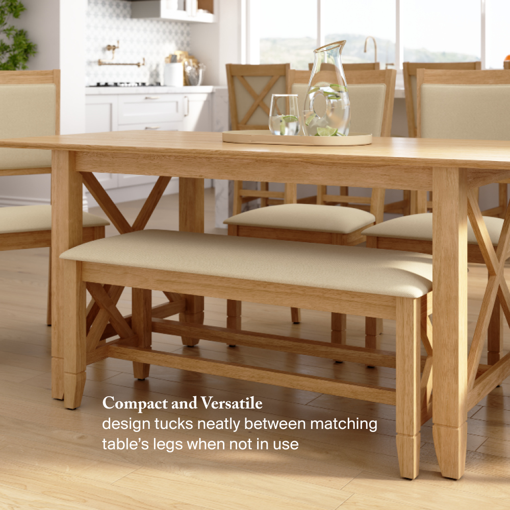 Shop Bush Home Key West 70W Cross Base Dining Table with 4 Upholstered Cross Back Chairs and 1 Bench, Image 03, KWS115BO, #color_blonde oak/bright beige
