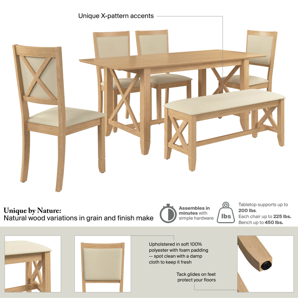 Shop Bush Home Key West 70W Cross Base Dining Table with 4 Upholstered Cross Back Chairs and 1 Bench, Image 06, KWS115BO, #color_blonde oak/bright beige