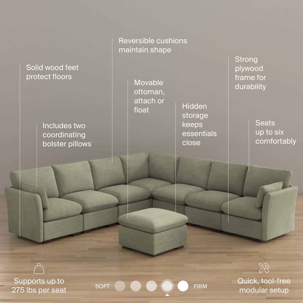 Shop Bush Home Sienna Modular 6-Seater Sectional with Storage Ottoman, Image 08, SNA006SGW, #color_soft green