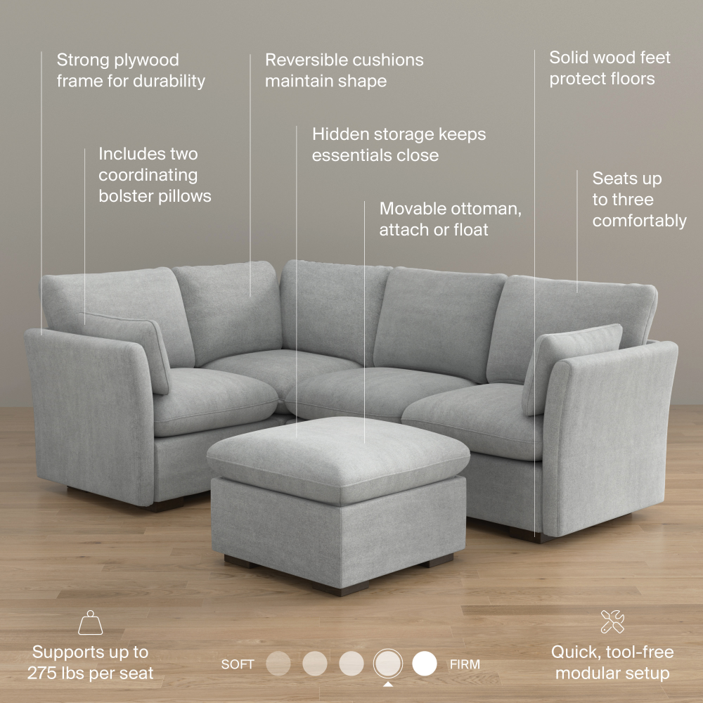 Shop Bush Home Sienna Modular 3-Seater Sectional with Storage Ottoman, Image 08, SNA011DGW, #color_dove gray